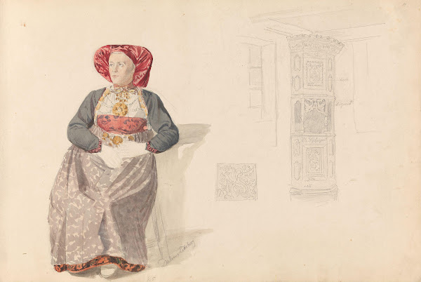 Sittende kvinne Dalen i Eidsborg interiør med hjørneskap 1857