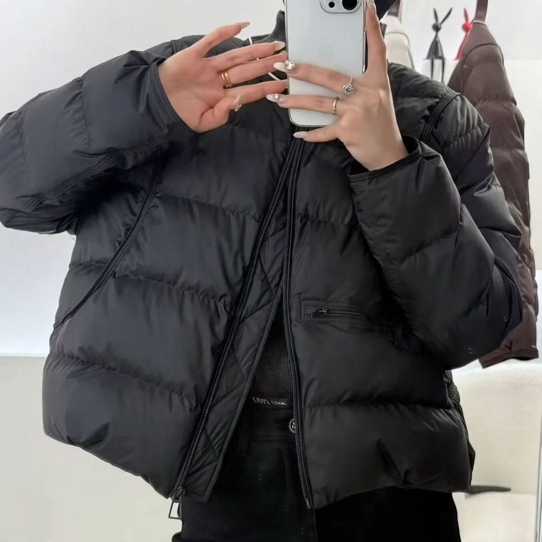 Lightweight short down jacket with round neckline
