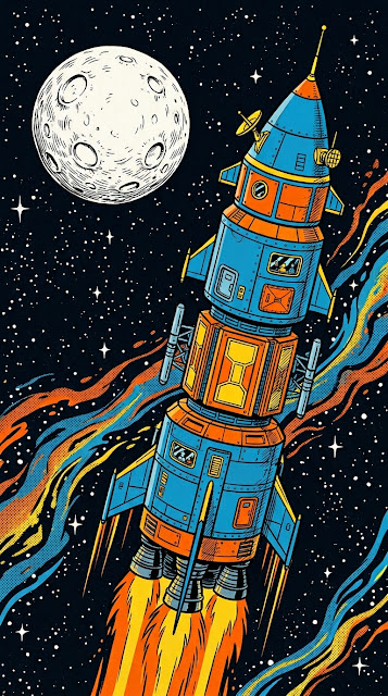 Vintage Comic Style Spaceship in Deep Space with Planets - Free mobile Wallpaper
