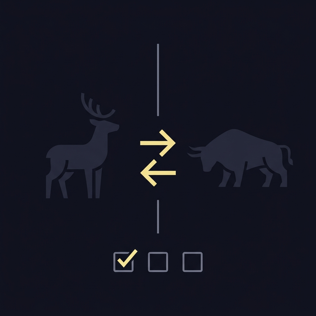 Minimal vector split showing a stylized buck silhouette left and a bull silhouette right with matchup arrows and a checklist in Funded Plays colors bucks bulls prediction