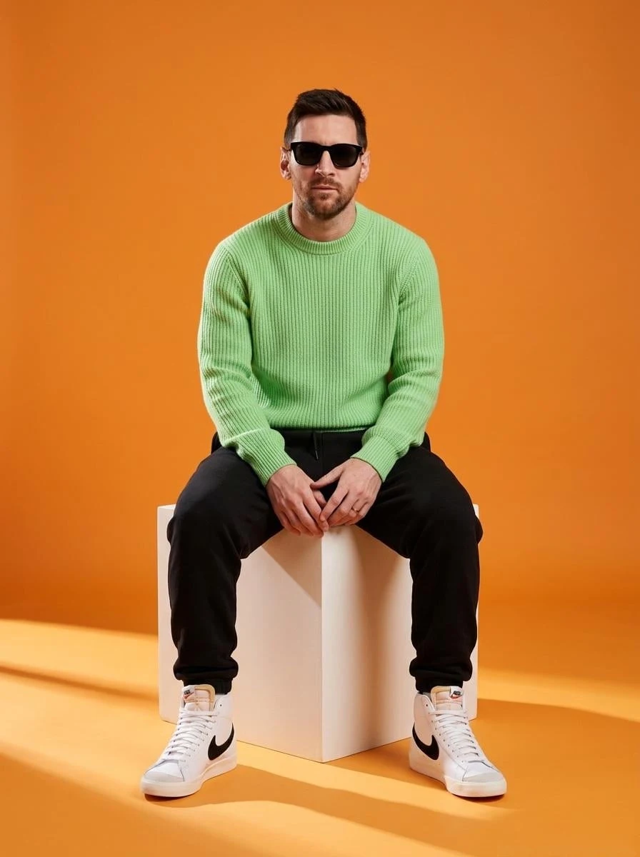 Un elegante modelo masculino sentado sobre un cubo blanco en un estudio minimalista con un vibrante fondo naranja.