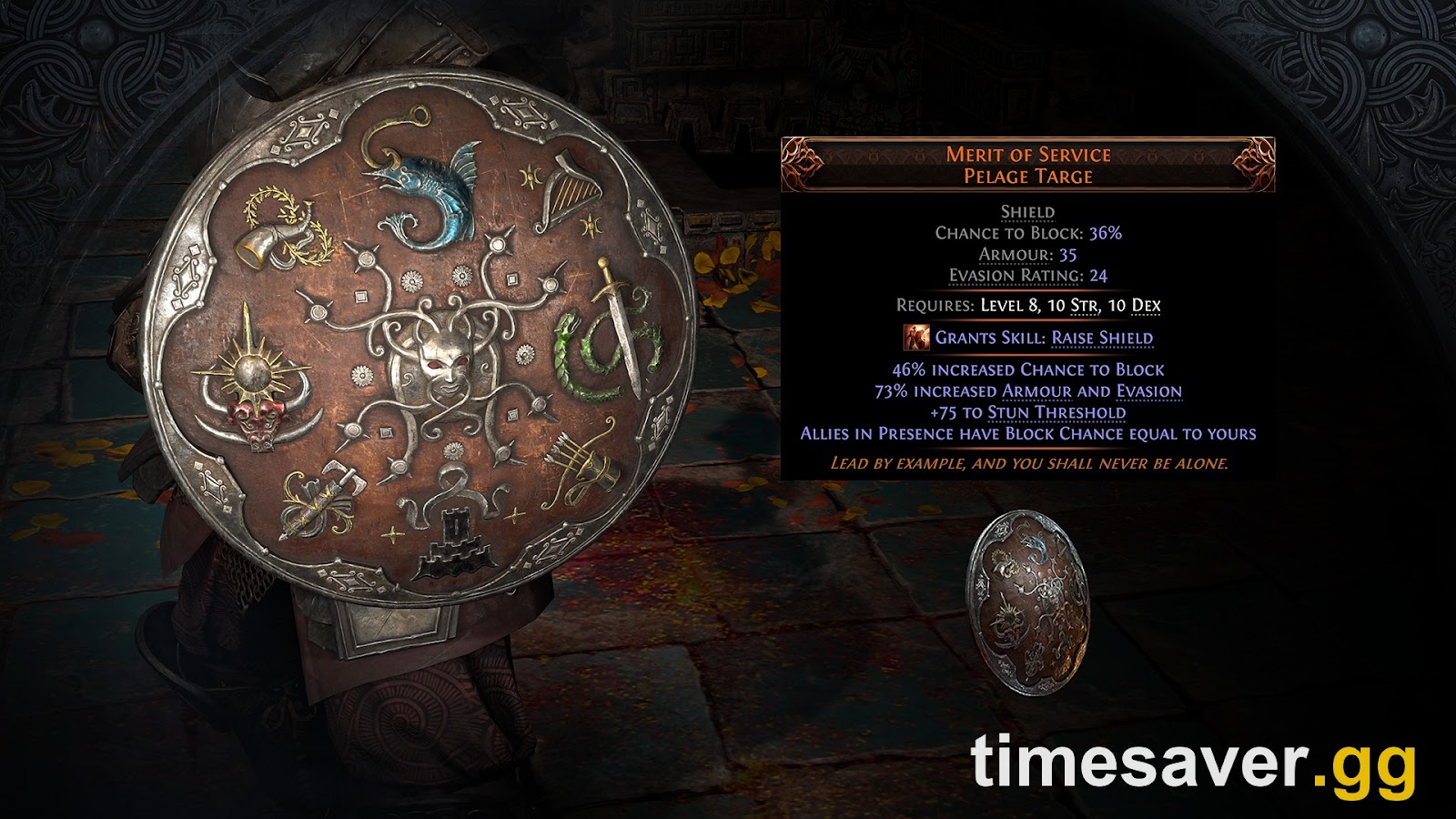The Path of Exile 2 unique shield Merit of Service (Pelage Targe) with its full stat tooltip