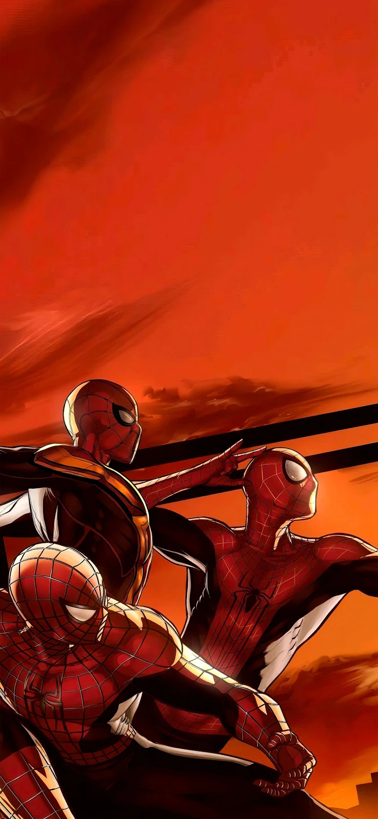 Spider-Man Trio at Sunset - Comic Book Illustration 2K iPhone Wallpaper (1572x3408)