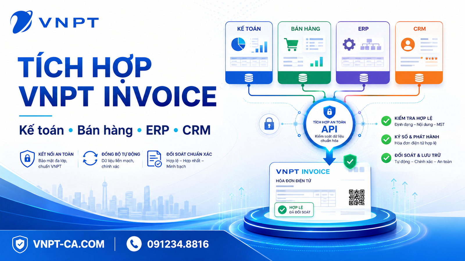 Tích hợp VNPT Invoice với phần mềm kế toán bán hàng ERP và CRM qua luồng dữ liệu có đối soát