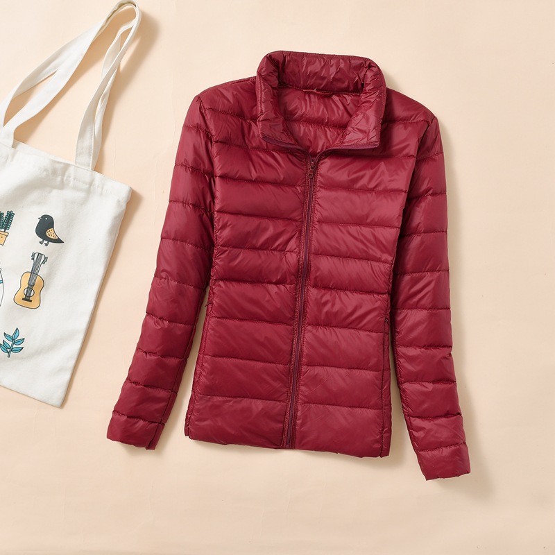 Women's down jacket, cropped, stand-up collar, fitted, with duck down