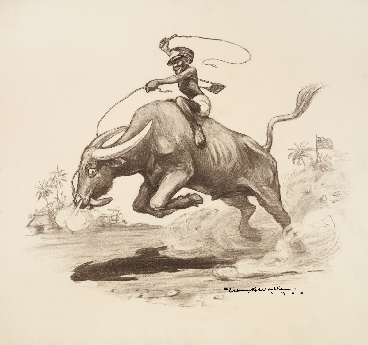 A black man rides a bucking water buffalo which is tiring while an American flag