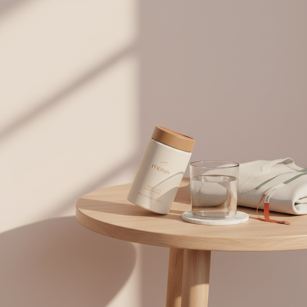 Minimalist morning bedside scene with Tonum Motus jar next to a glass of water and folded workout top on a pale background, emphasizing visceral fat supplements.