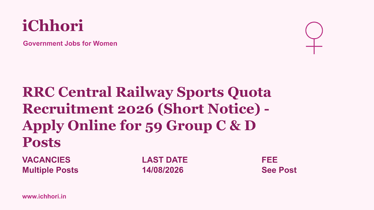RRC Central Railway Sports Quota Recruitment 2026 (Short Notice) - Apply Online for 59 Group C & D Posts - iChhori