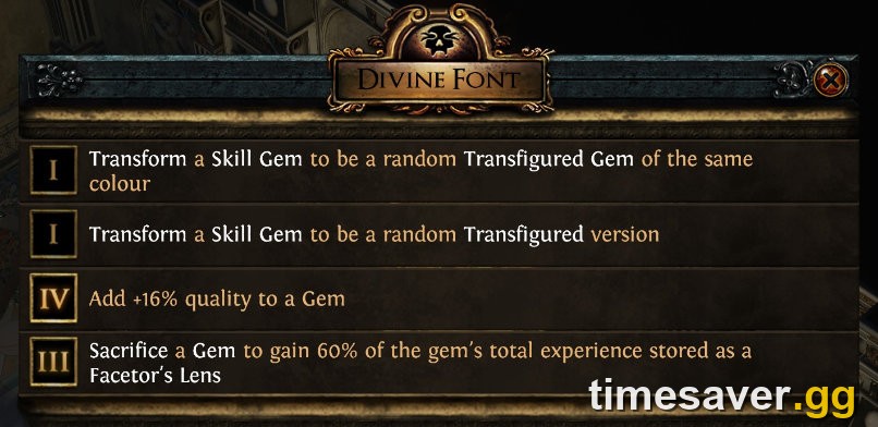 The Divine Font gem-crafting interface at the end of the Path of Exile Labyrinth