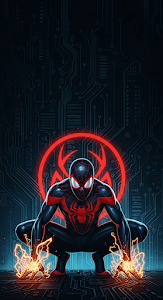 Crouching Superhero with Red and Black Suit on Neon Circuit Board Background