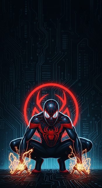Crouching Superhero with Red and Black Suit on Neon Circuit Board Background - Free mobile Wallpaper