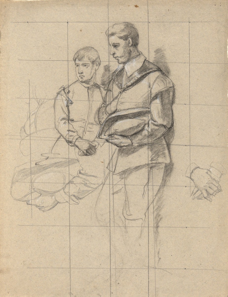 Two figures sketch for Signing of the Compact in the Cabin of theMayflower