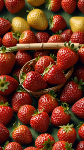 Fresh Red Strawberries in Woven Basket on Green Cloth