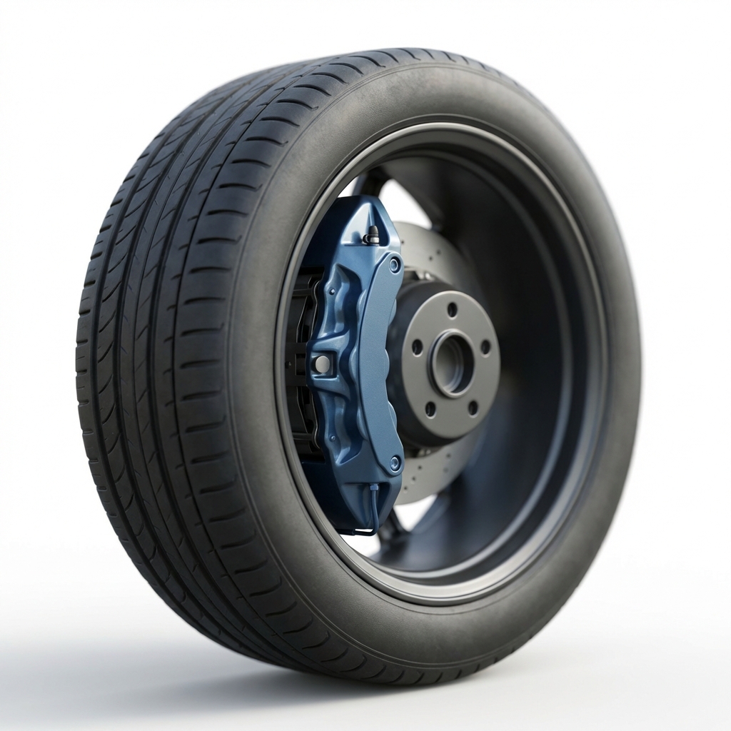 Close up of a Porsche Macan performance tire and multi piston brake caliper in a clean white studio with blue 3666ed caliper accent porsche macan for sale