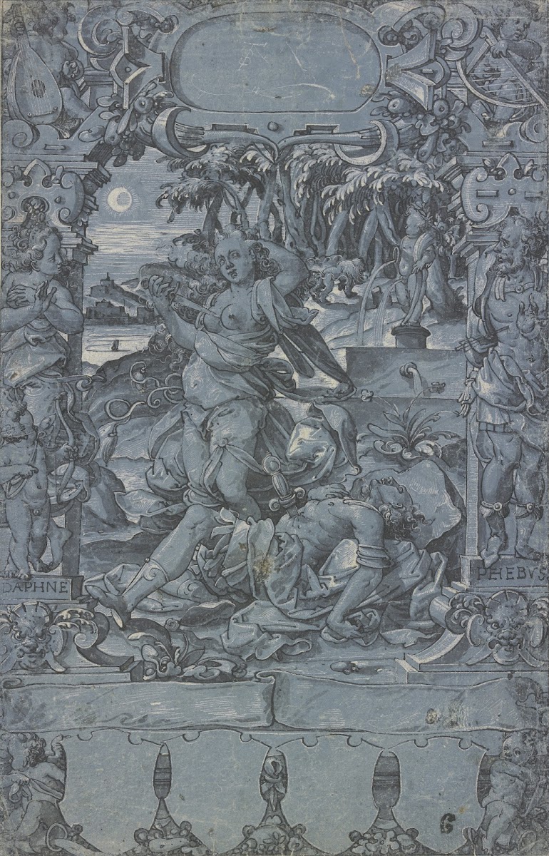 Thisbe an der Leiche des Pyramus in der Rahmung links Daphne mit dem Amorknaben