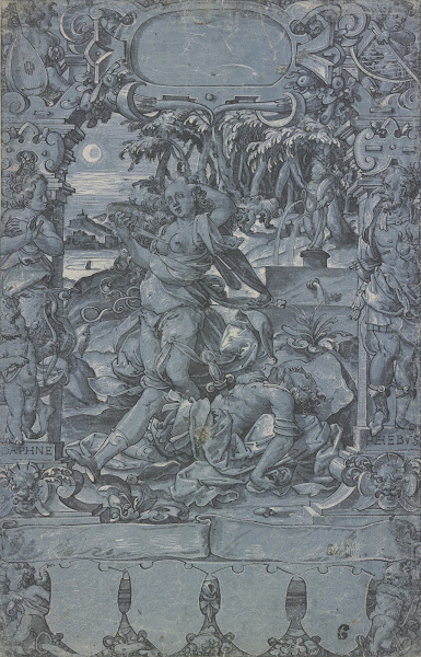 Thisbe an der Leiche des Pyramus in der Rahmung links Daphne mit dem Amorknaben