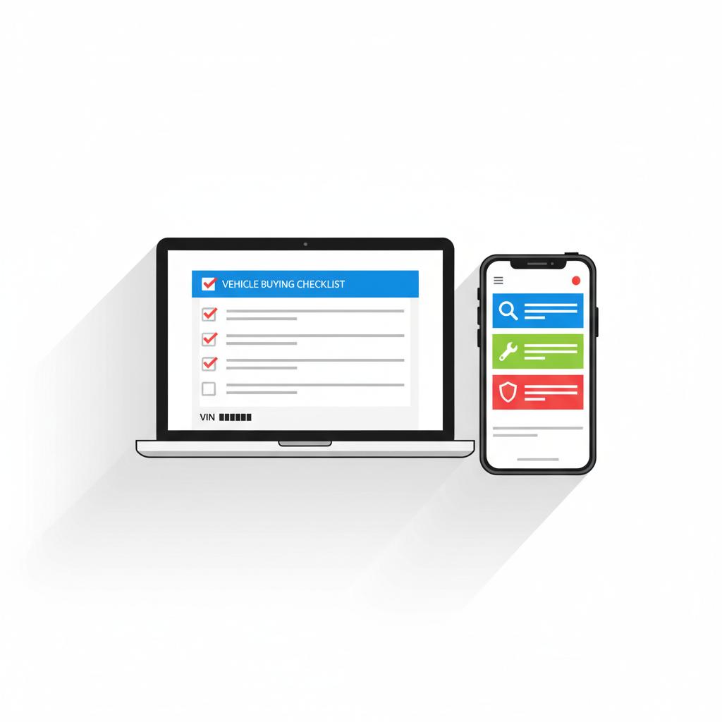 Top down vector of a laptop and smartphone with a vehicle buying checklist and blocked VIN illustrating what car can i get for $7000 on a clean white background