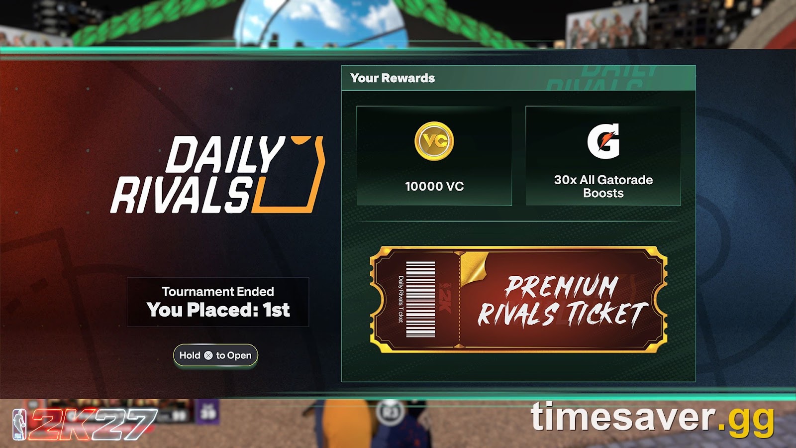 NBA 2K27 City-event results screen showing VC and Gatorade Boost rewards — the same reward types Blackout Bingo pays out