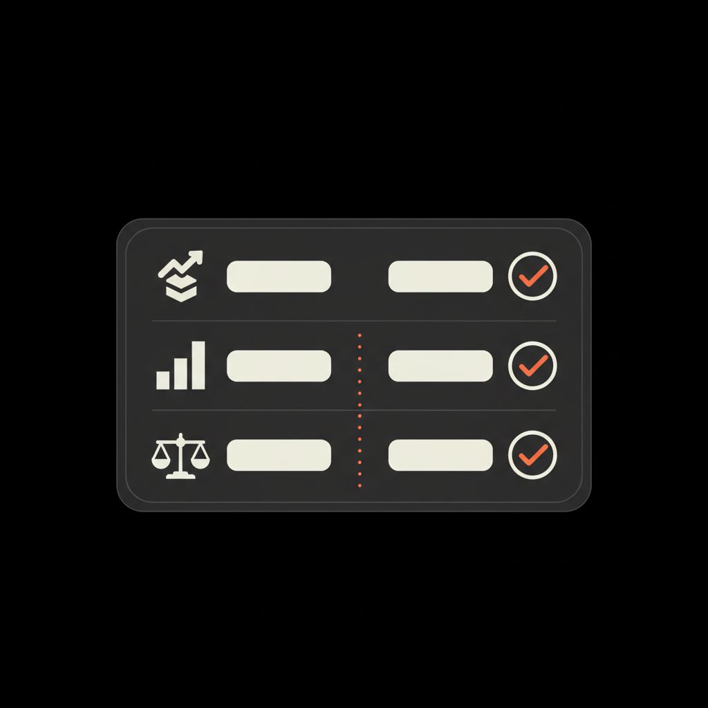 Minimal 2D vector checklist infographic on a dark card with icons for trend, structure, volume and risk-reward, ticks and #dc5c2b accents on #000000 background — 90% rule in trading