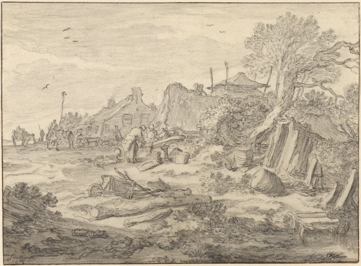 A Farmyard with Men Repairing a Wheel 1654