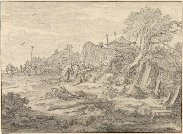 A Farmyard with Men Repairing a Wheel 1654