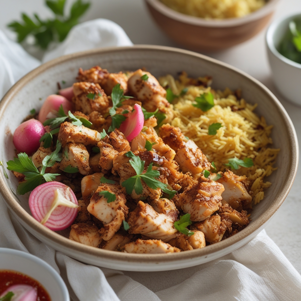 Crispy Za'atar Chicken Shawarma Protein Bowls with Lemon-Garlic Tahini & Quick Pickled Turnips