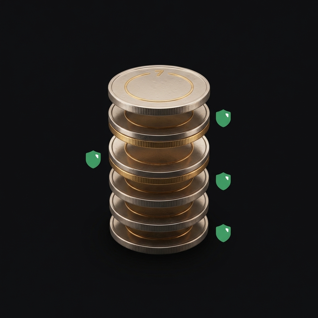 Stacked coins with a small embossed 7 year label and green shield safety icons representing a multi year liquidity bucket for long term investing strategies