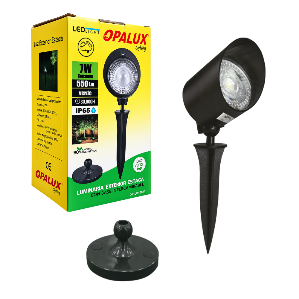 Luz Exterior Verde Modelo Estaca Base Intercambiable 7W 550lm Proteccion IP65 30000Horas Opalux OP-LD110N-V