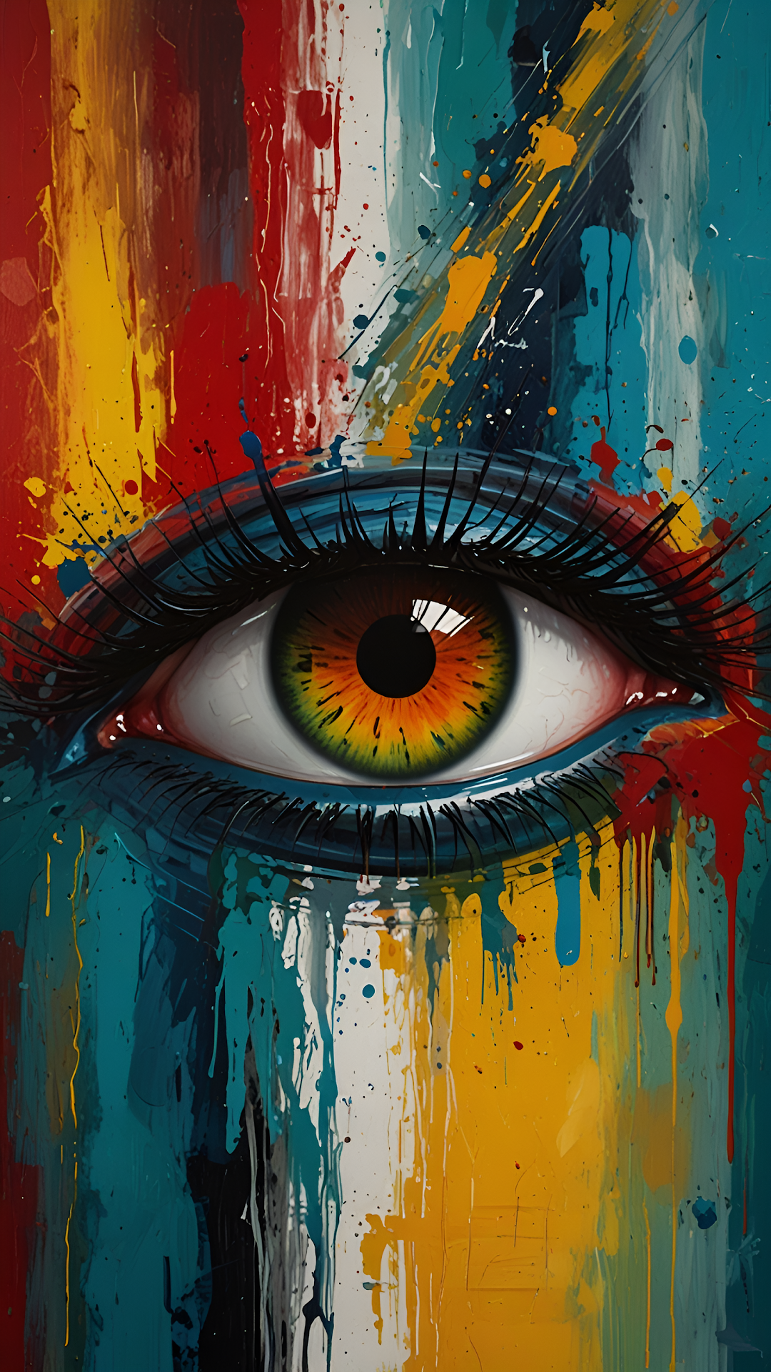 Vibrant Paint-Splashed Eye with Rainbow Iris Against Abstract Background - Free 4K mobile Wallpaper
