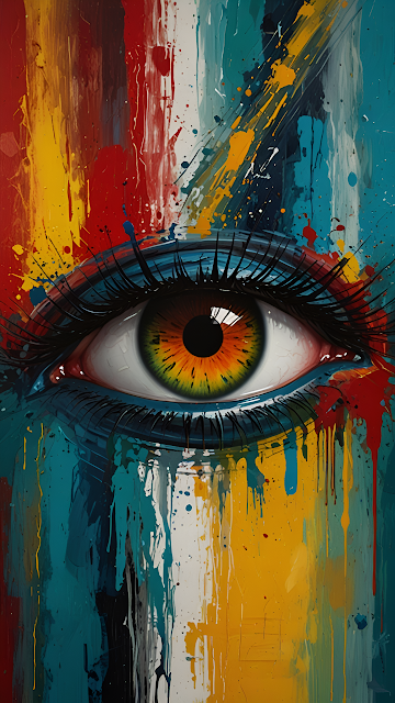 Vibrant Paint-Splashed Eye with Rainbow Iris Against Abstract Background