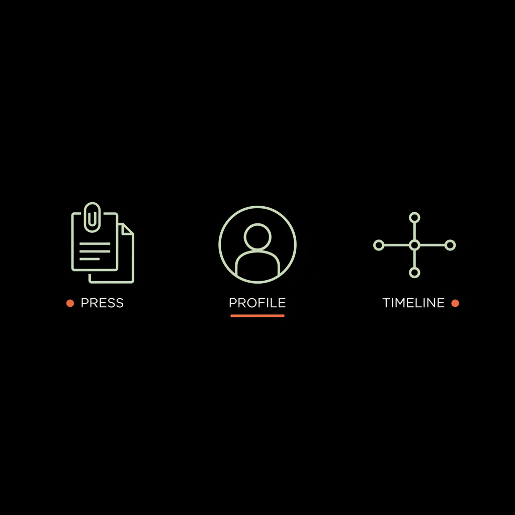 Minimal full-bleed infographic on black showing three vector icons (press clip, profile, timeline) with brand accents. Is it hard to get Instagram verified?