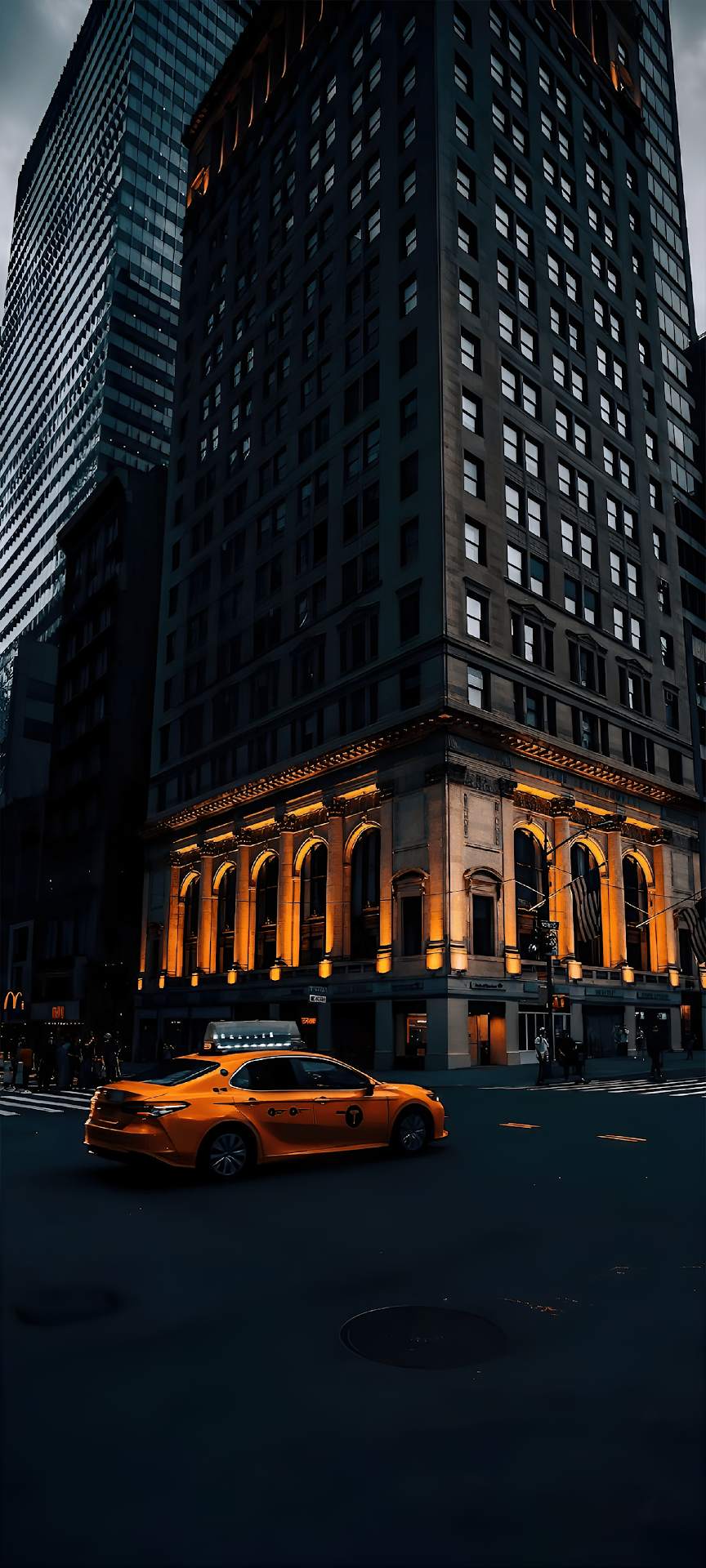 Yellow Taxi Passing Historic Building at Twilight - Free 4K mobile Wallpaper
