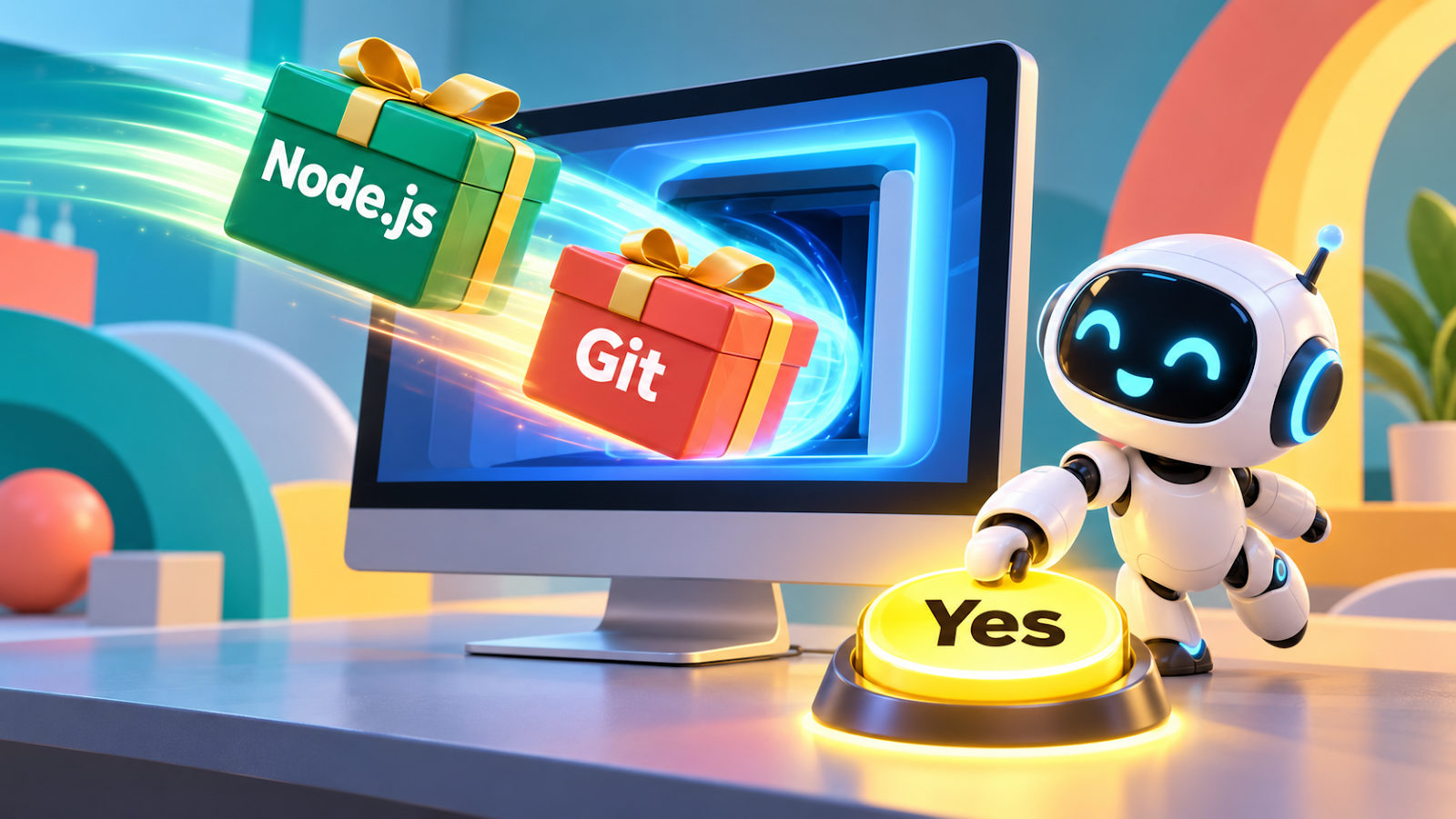 Two installer packages flying into a computer while a robot presses a Yes button