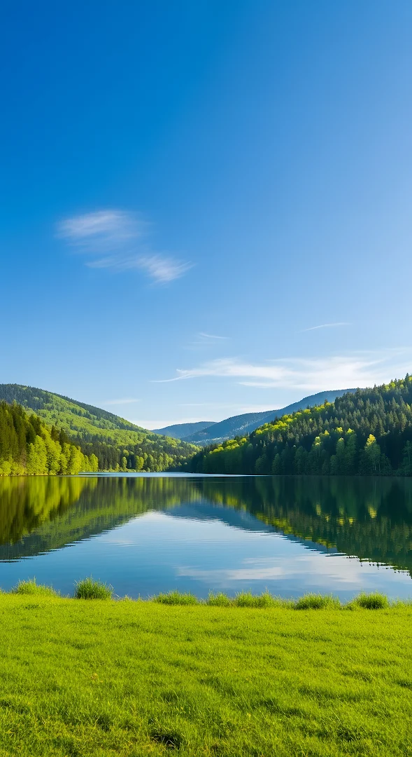 Serene Mountain Lake Reflection Sunny Forest View