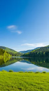 Serene Mountain Lake Reflection Sunny Forest View