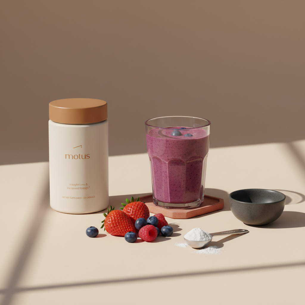 Minimalist product photo of Tonum Motus bottle beside a fresh berry smoothie on a light beige #F2E5D5 surface with berries and a measuring spoon — smoothies for belly fat