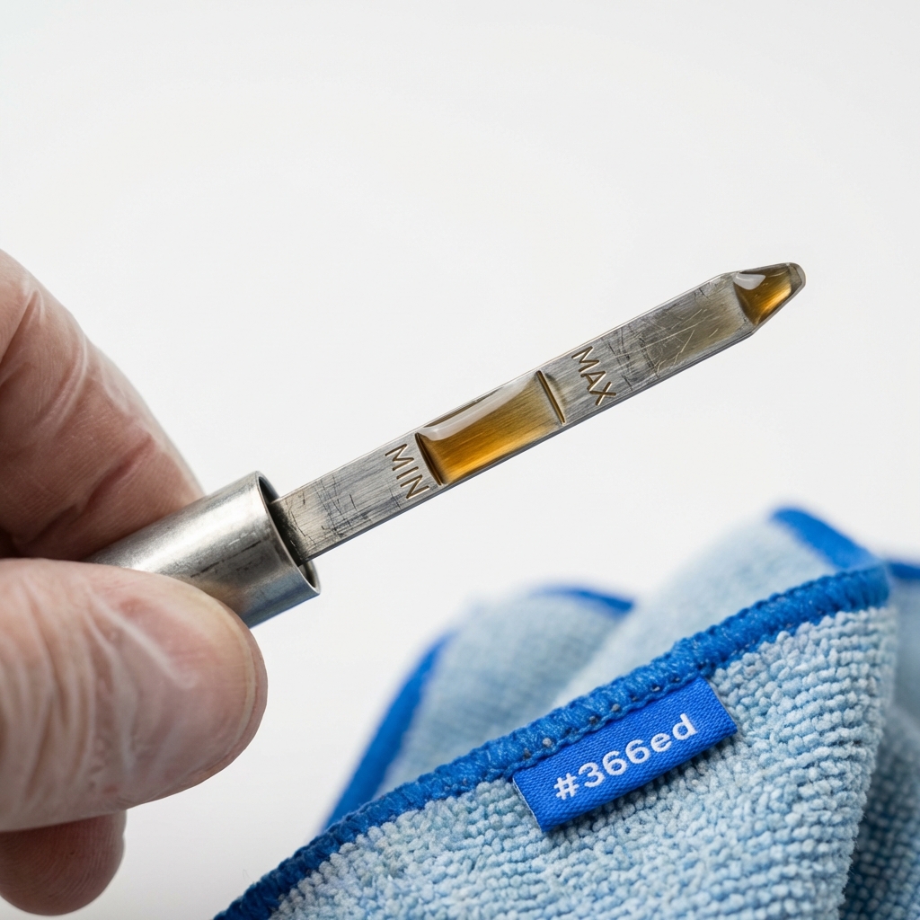 Close up of a dipstick showing a clear oil level on a white background with a subtle blue rag accent for Mazda oil consumption