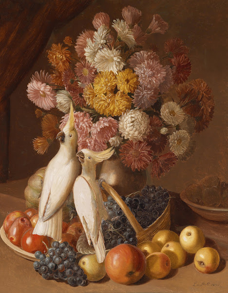 Blumenstillleben mit Früchten und Nymphensittichen 1842
