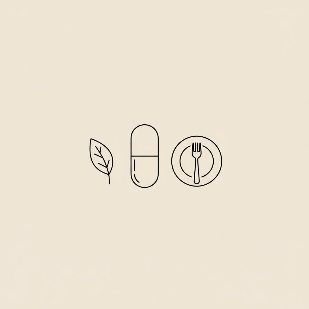 Minimal Tonum-style line illustration of a capsule, leaf, and plate with fork on beige background to represent ways to improve insulin sensitivity.