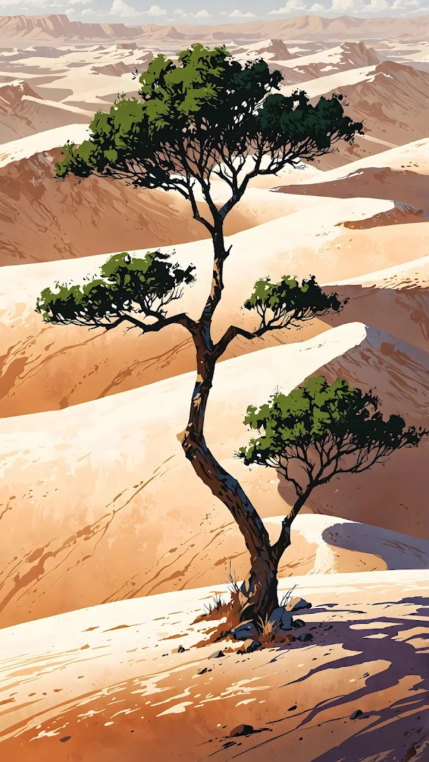 Stylized Desert Landscape Art with Lone Green Tree
