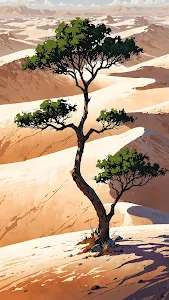 Stylized Desert Landscape Art with Lone Green Tree