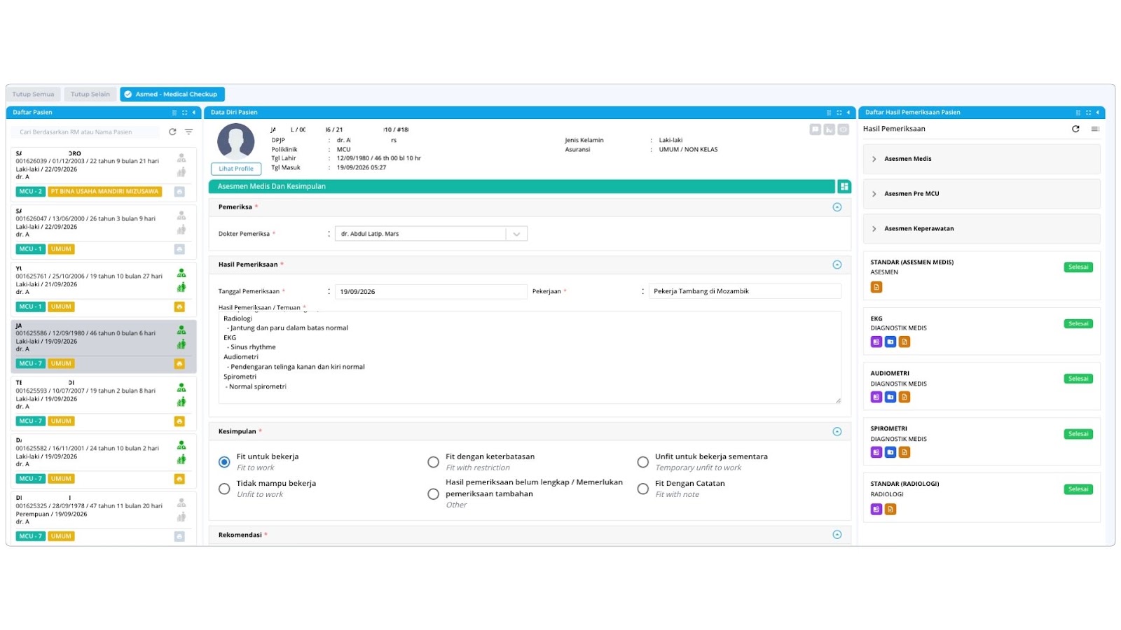 Tampilan fitur Rangkaian Pemeriksaan pada Modul Medical Check Up NUHA