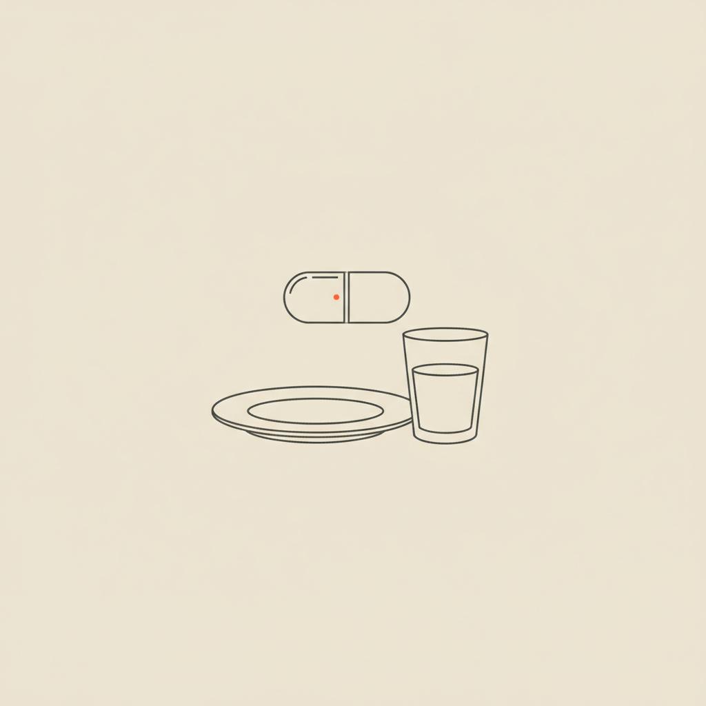 Minimalist Tonum-style line illustration of a plate, water glass, and supplement capsule on a beige background — can you lose belly fat overnight