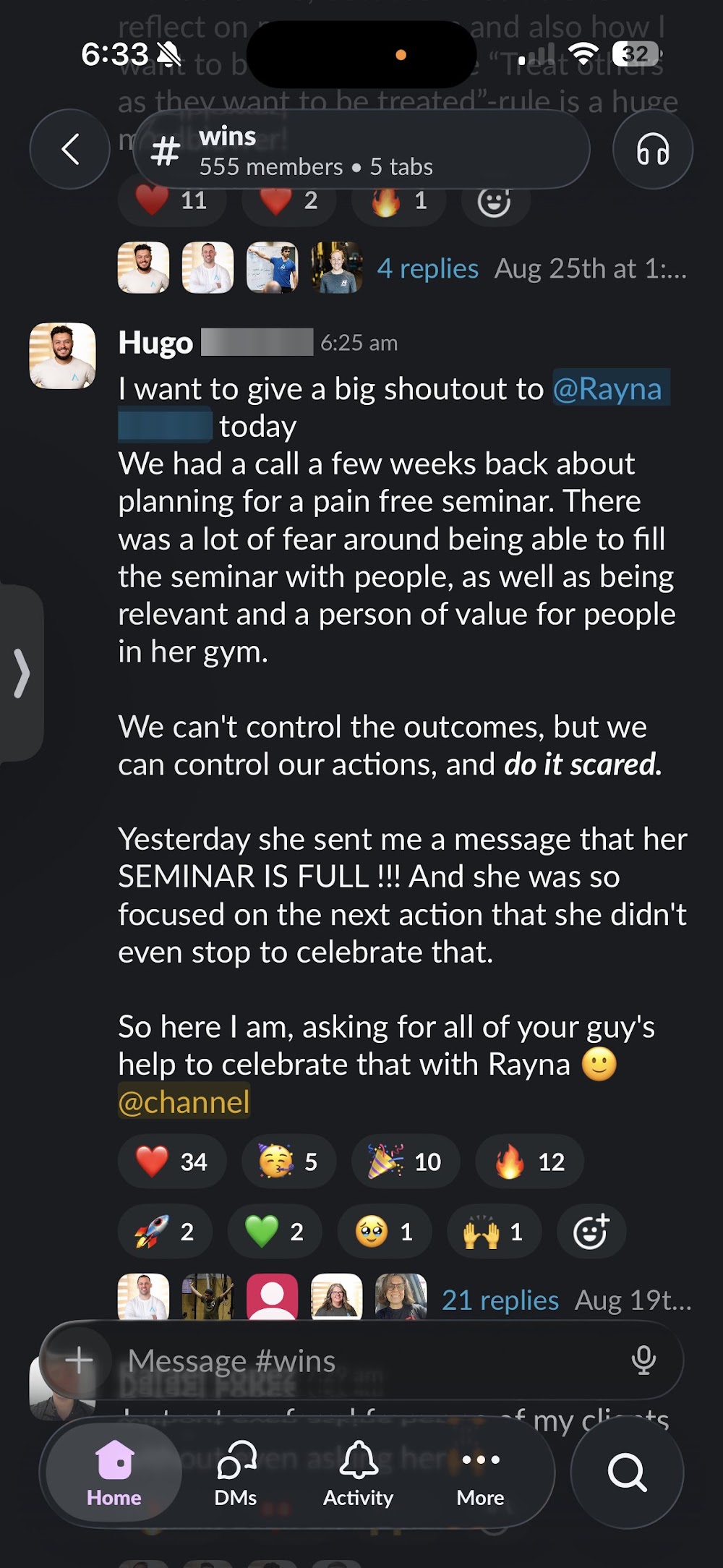 Slack post from an Active Life Professional