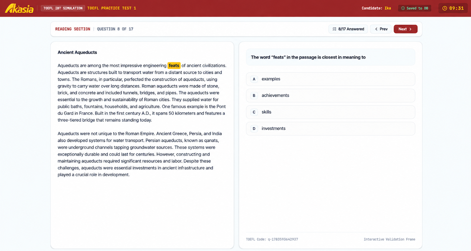 TOEFL iBT Reading Interface