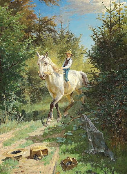 Dreng på en hvid hest i skoven