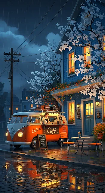 Rainy Evening Cafe Van Outside a Blue House with Blossoms