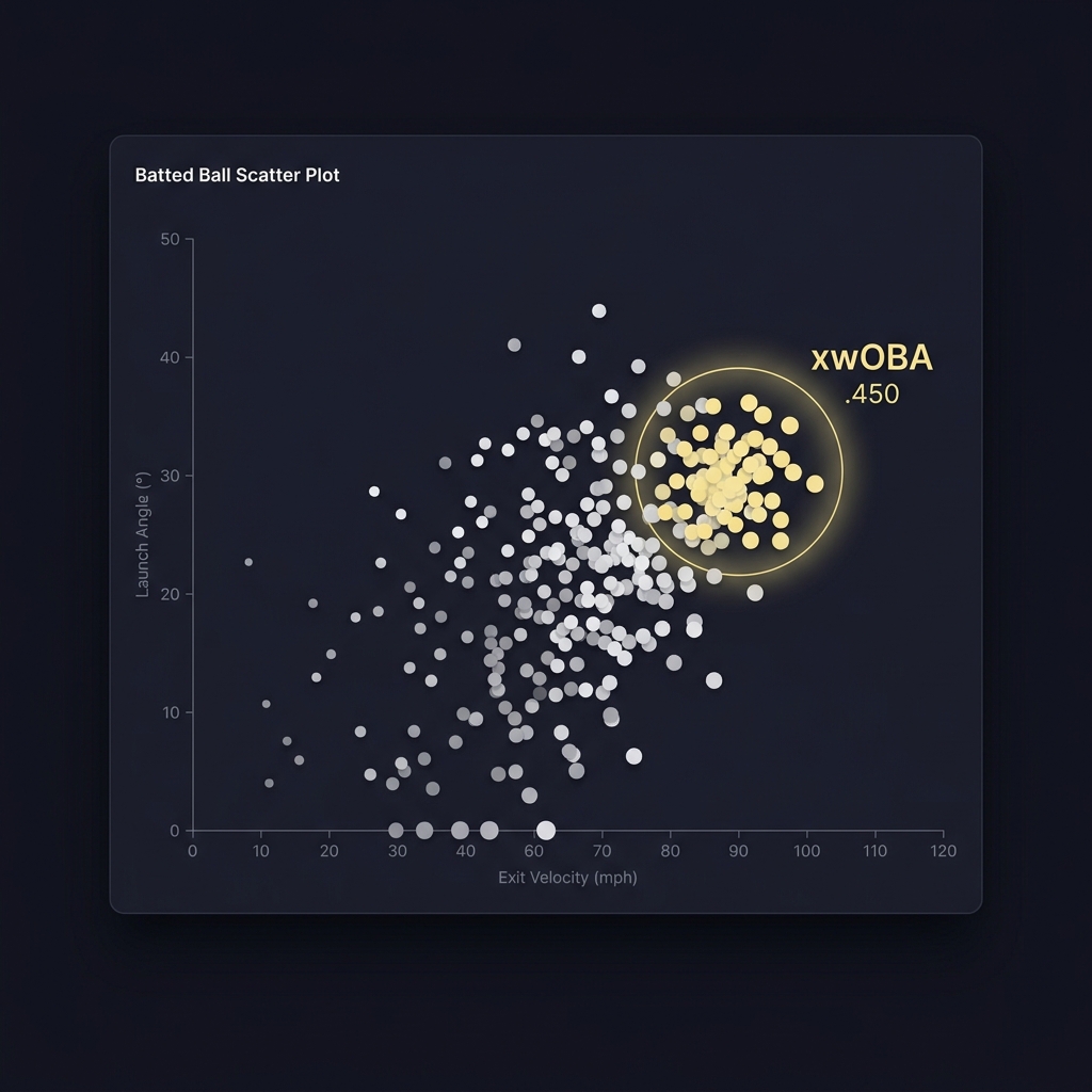Close up Statcast batted ball scatter plot with highlighted xwOBA label and expected stats overlay on dark Funded Plays style background mariners astros prediction
