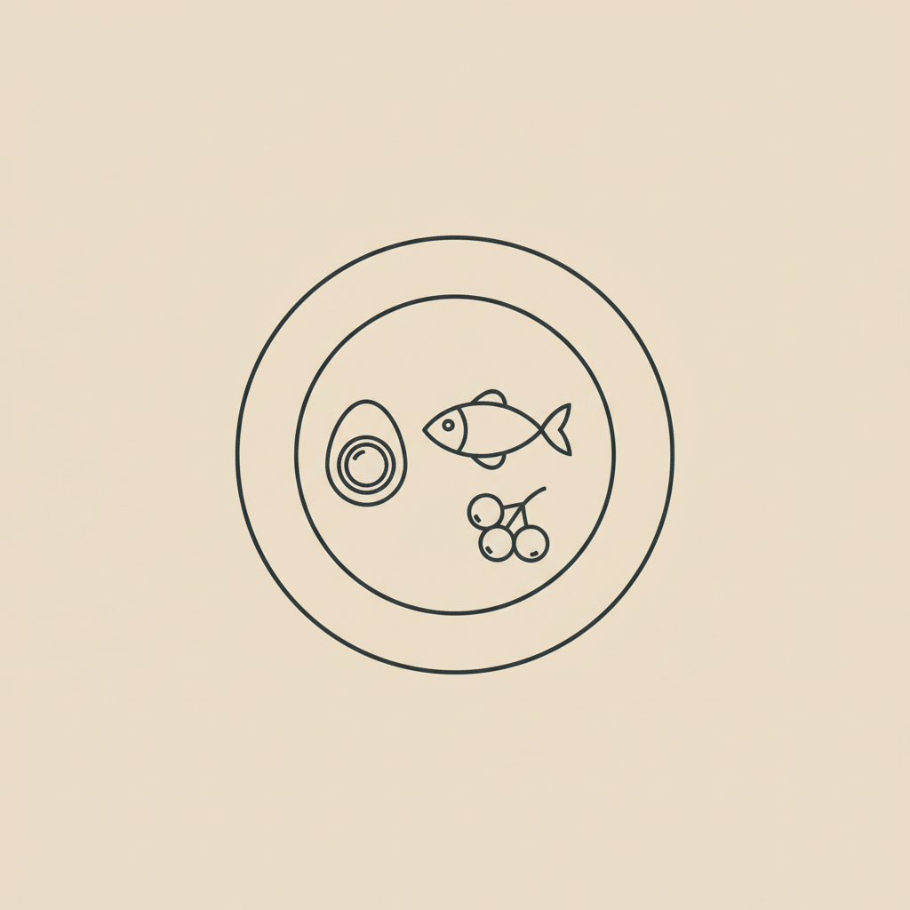 Minimalist vector plate with an egg, fish silhouette and small berry cluster in thin Tonum-style outline on beige background — what melts belly fat fast