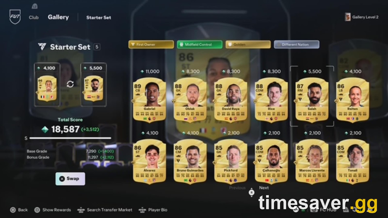 FC 27 Gallery Starter Set grading screen showing Total Score 18,587, Base Grade 7,290 and Bonus Grade 11,297 with the First Owner, Midfield Control, Golden and Different Nation tags active